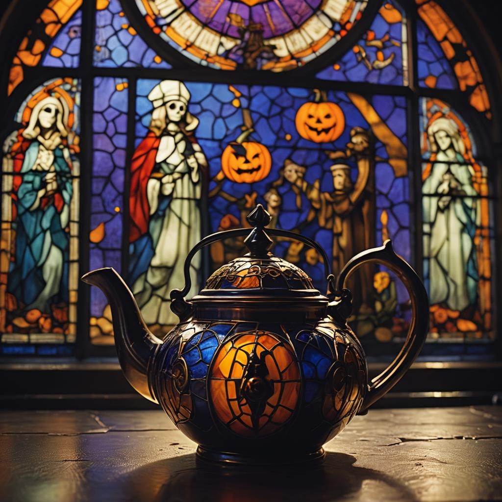 Halloween Teapot in Front of Stained Glass Window