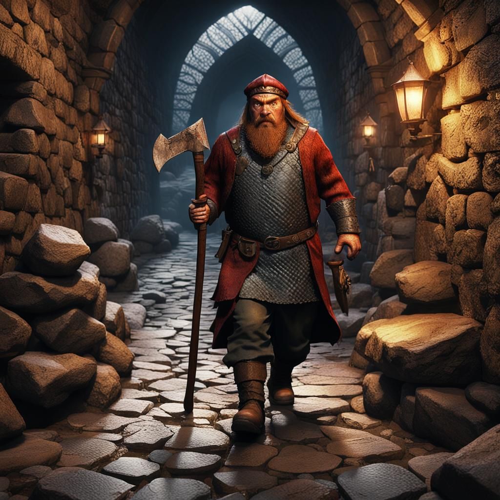 Gimli the Dwarf in Stone Passage, Fantasy Art