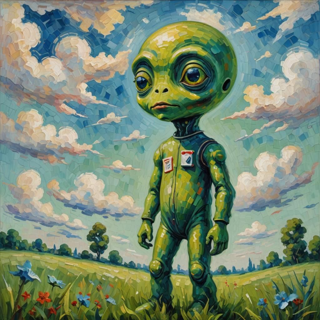 Space Alien in Meadow as Impasto Oil Painting