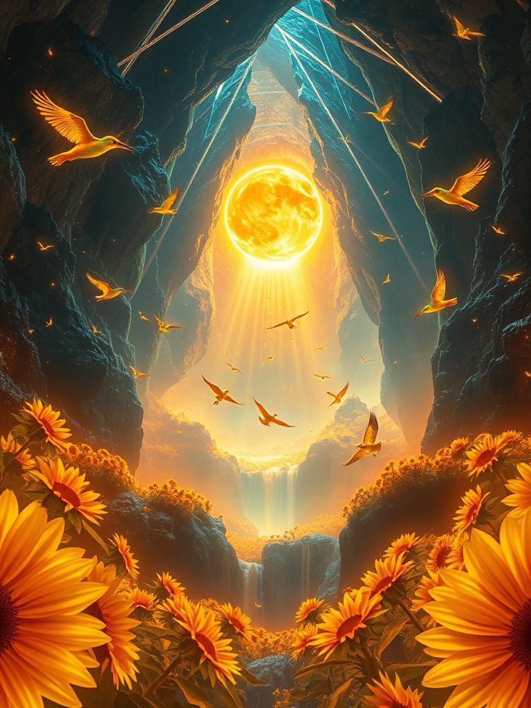 Vast, Ethereal Space-Sun Caverns in Neon-Lit Hyperrealism