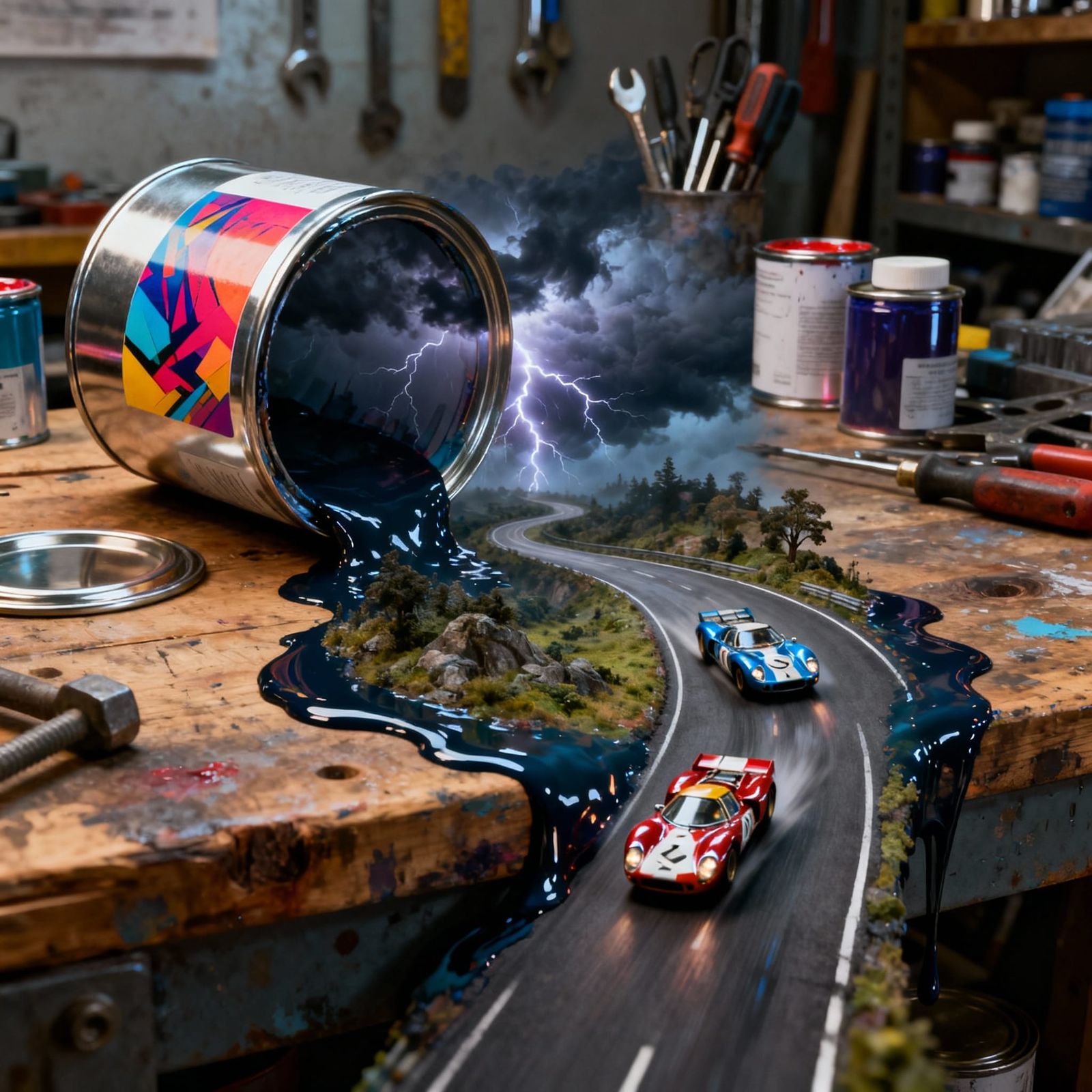 Surreal Paint Can Spills Miniature World onto Workbench