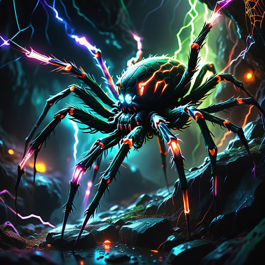 Space Spider with Fluorescent Lightning in a Misty Cave