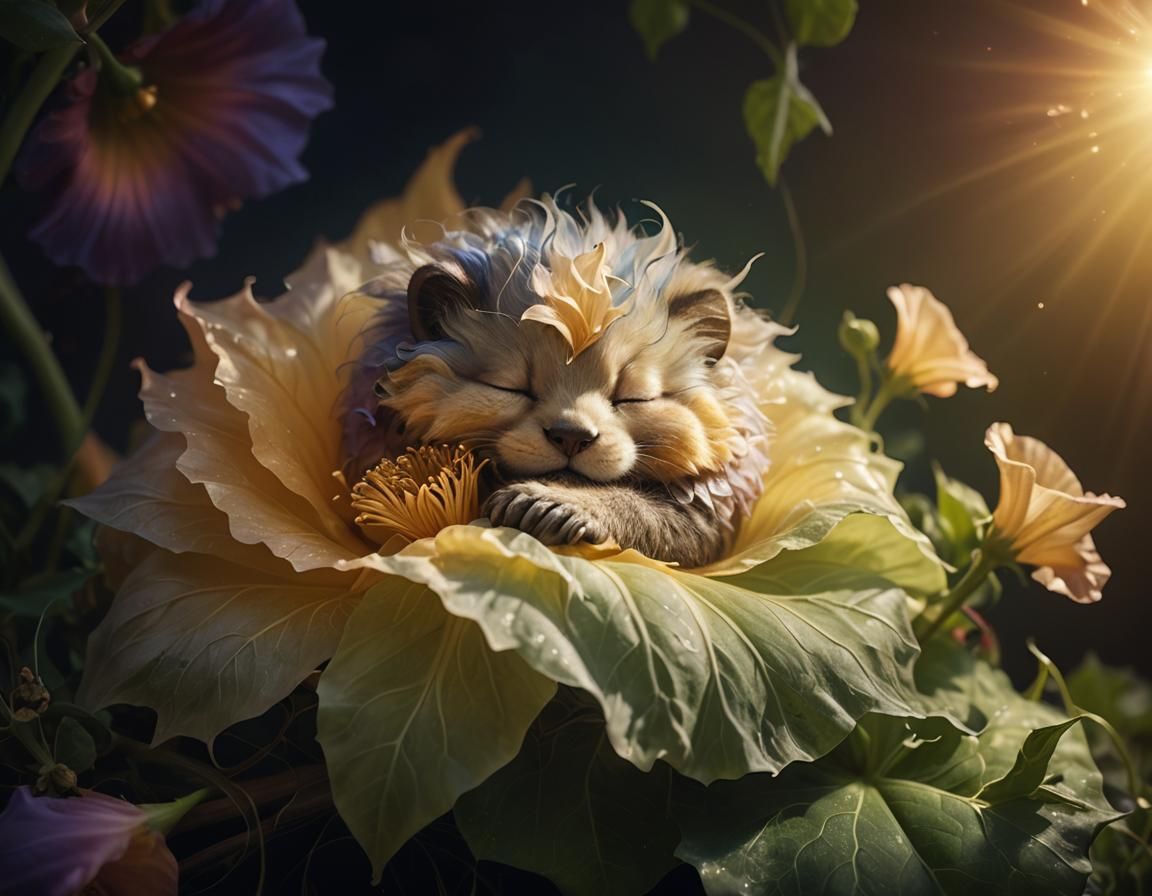 Dreamlike Creature Sleeping in Giant Flower