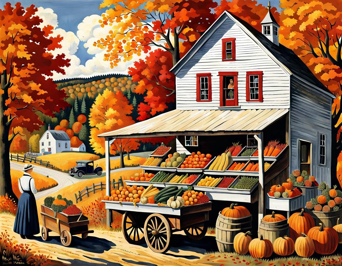 Vintage Produce Stand in Grandma Moses Style