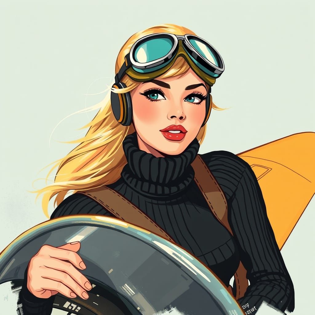Woman Pilot in Biplane: Stylized Illustration