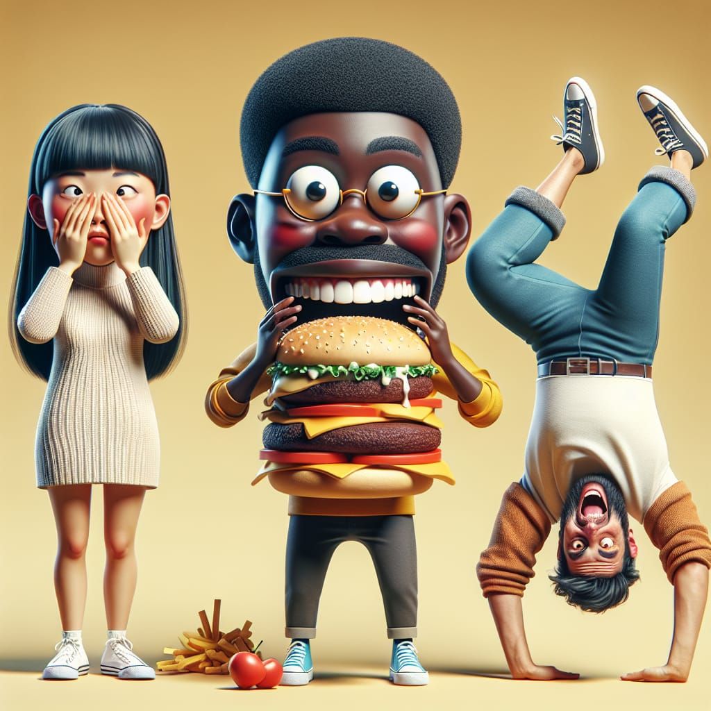 Embarrassed Woman Peeks as Man Eats Cheeseburgers, Another H...