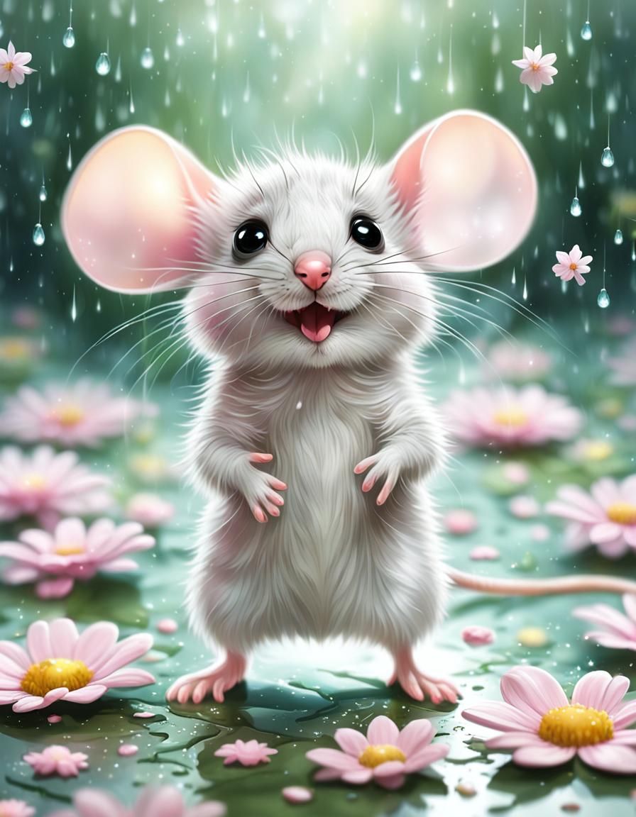 Chibi Baby Mouse Dancing in Rainy Galaxy