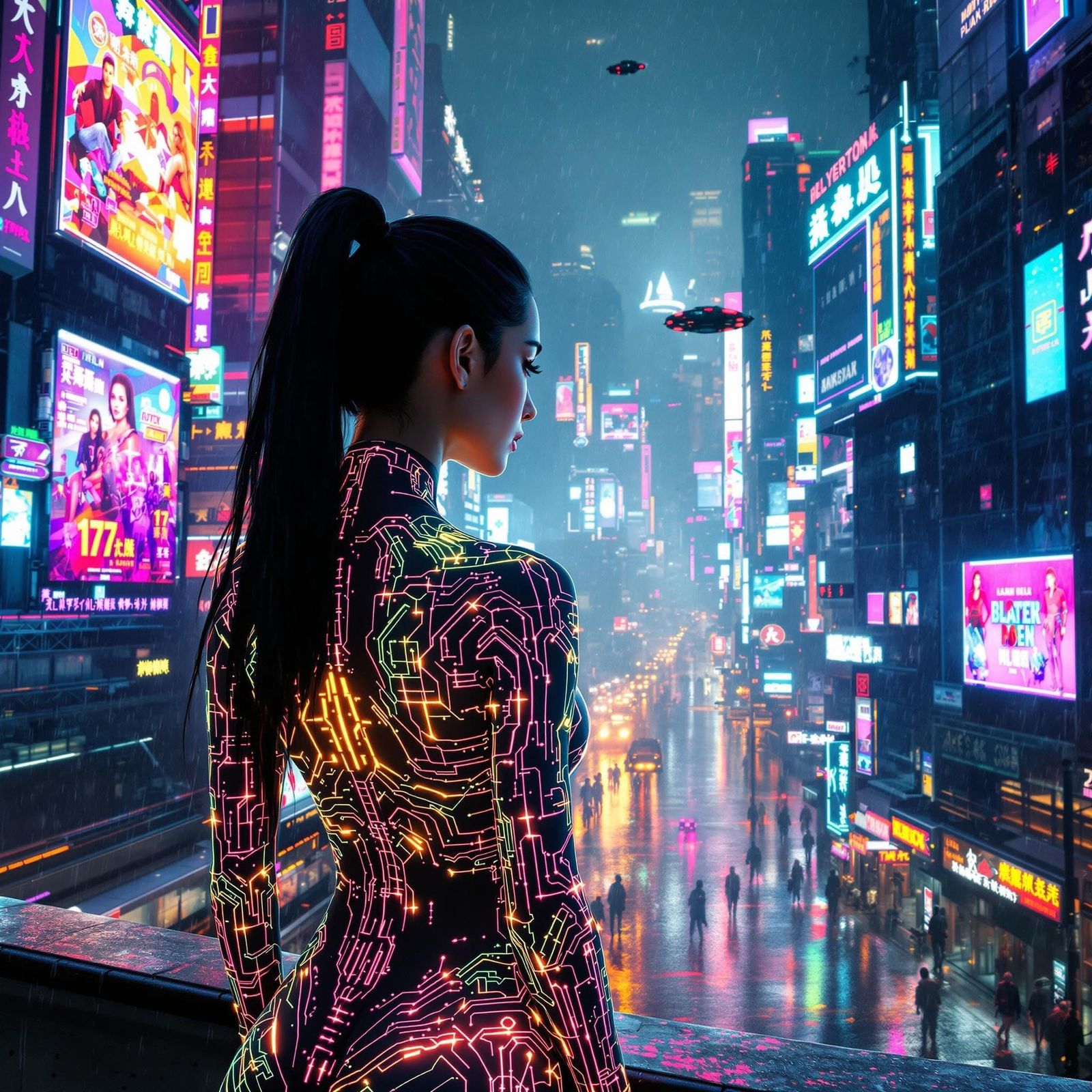 Cyberpunk Asian Goddess Shines in Neon Night Scene