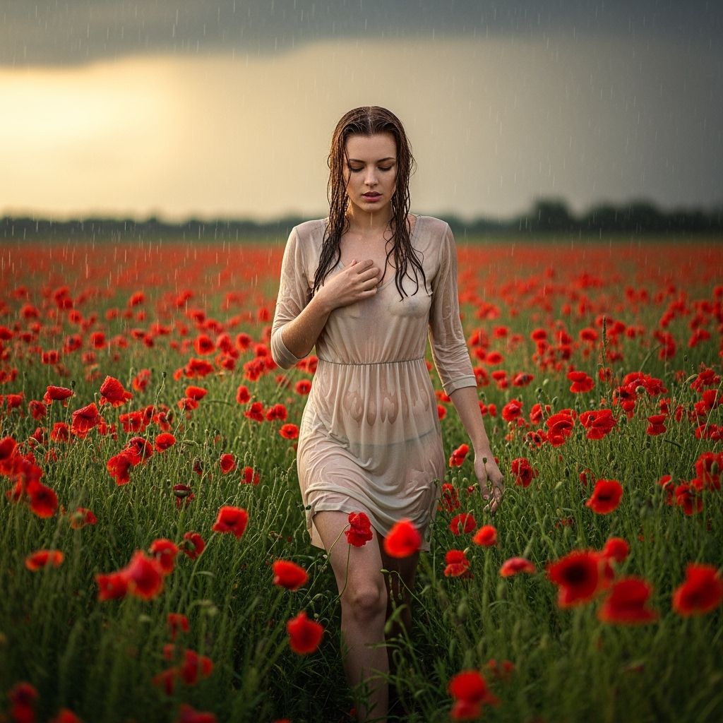 Woman in Rain-Soaked Poppy Field