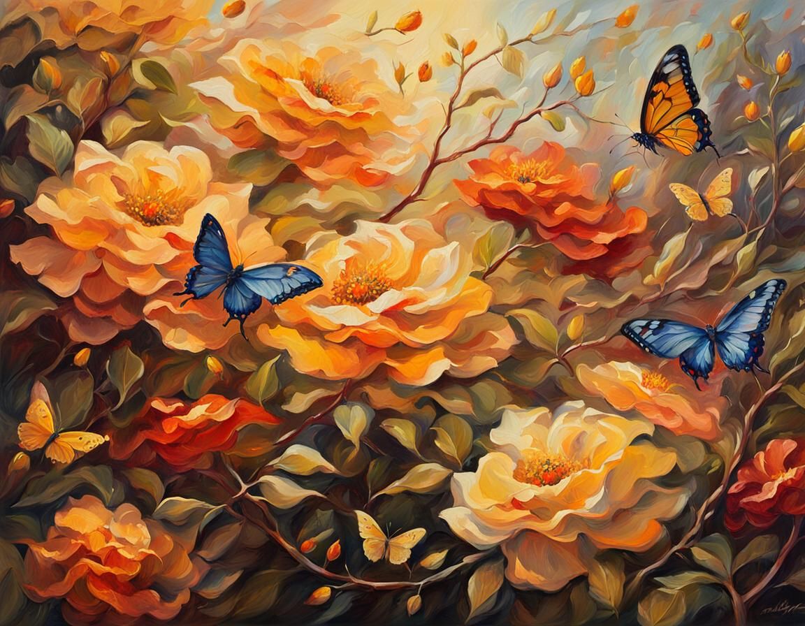 Tenebrism Flower Garden with Butterflies as Oil Painting