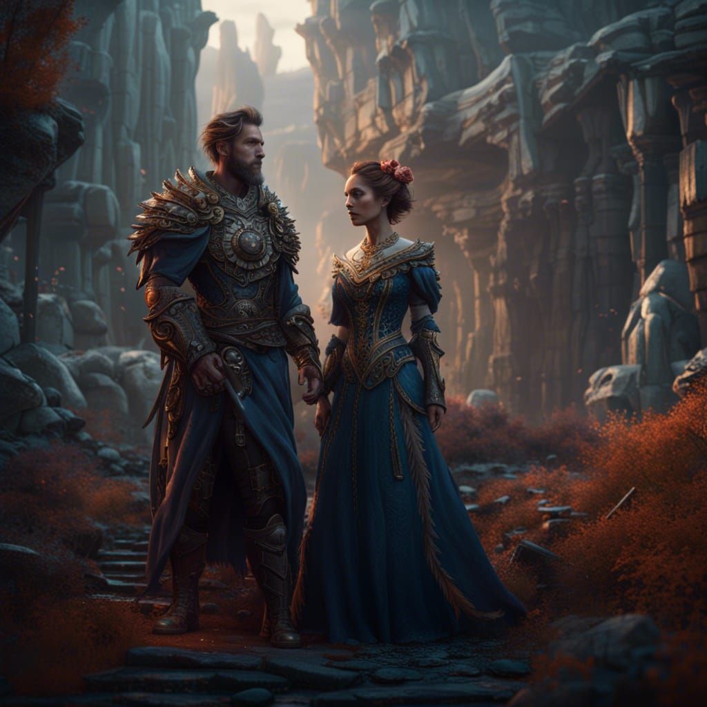 Fantastical Man and Woman Embrace in Deep Color