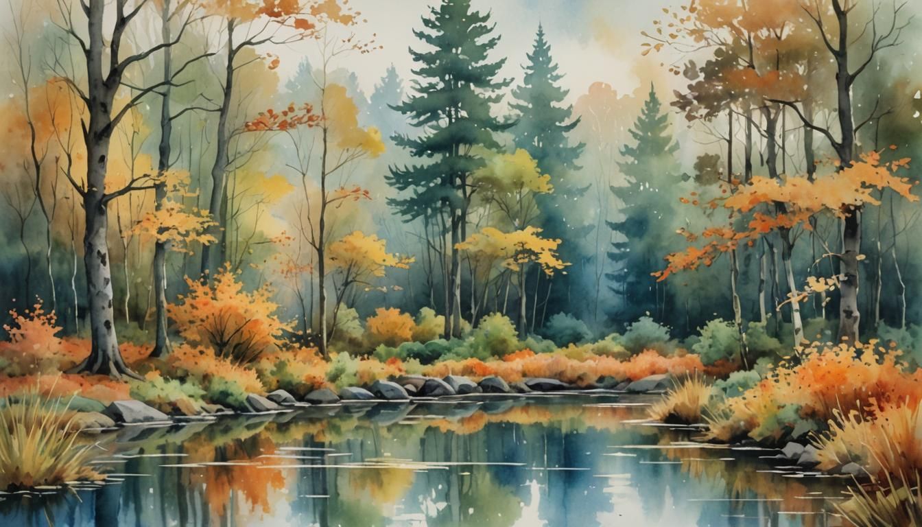 Impressionist Autumn Forest Landscape with Pond