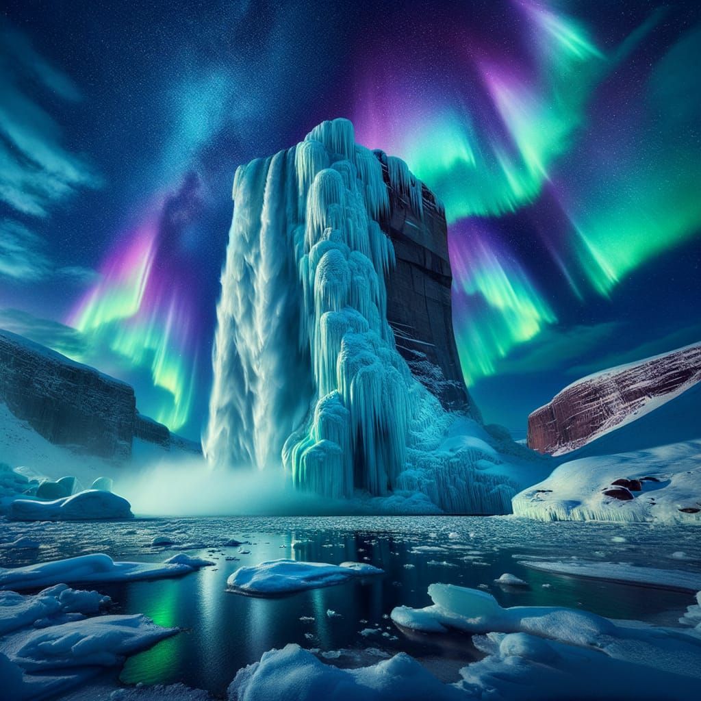 Aurora Borealis lighting up a frozen waterfall in Greenland