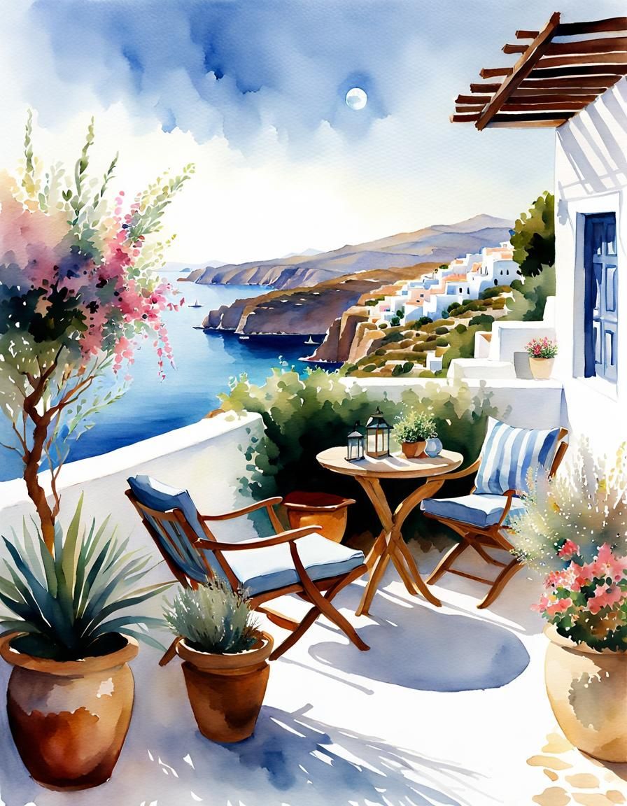 Greek Island Outdoor Seating in Watercolor Style