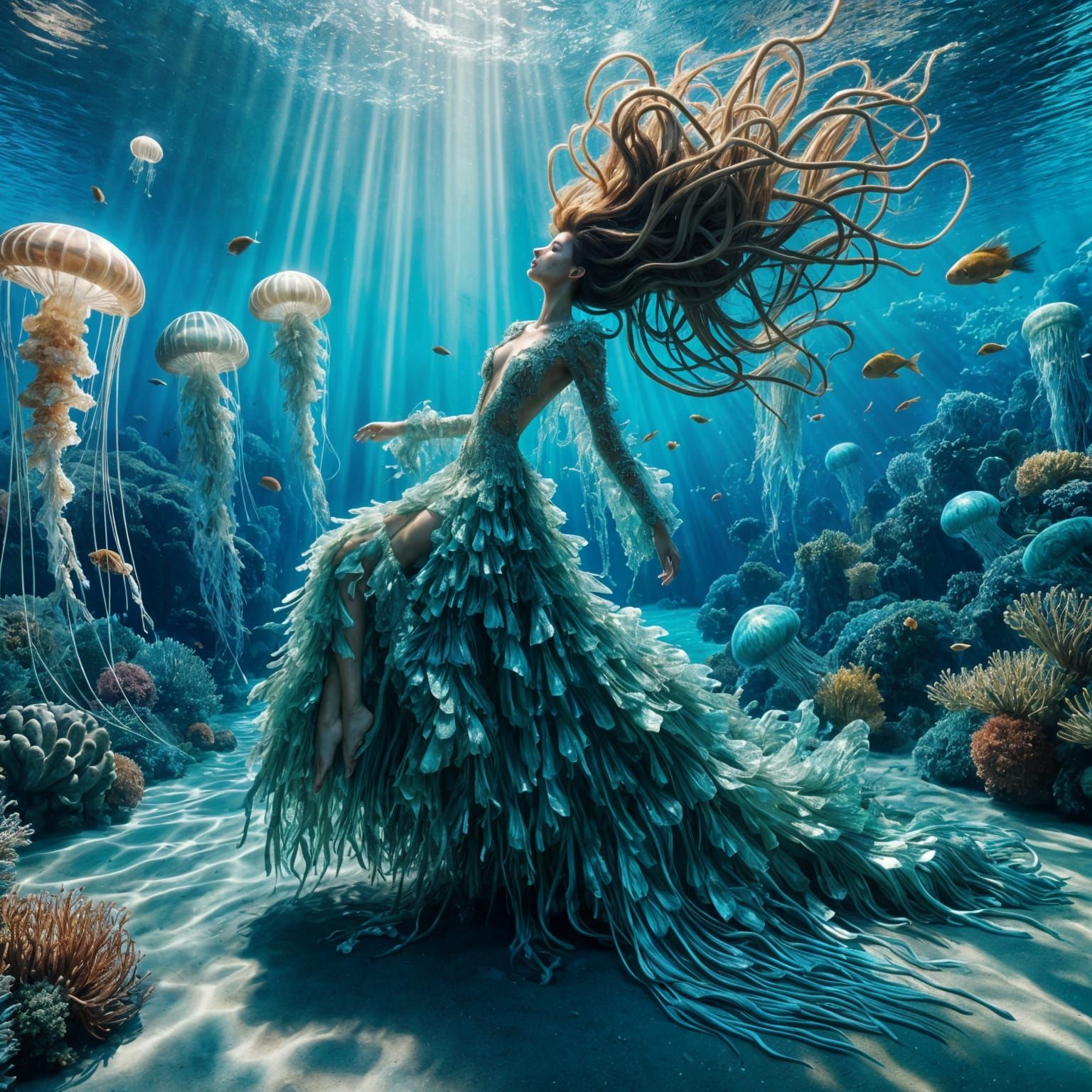 Dreamy Underwater Goddess in Shimmering Fish Scales