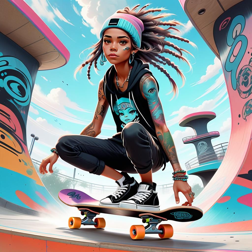 Biopunk Aboriginal Skater Princess in Manga Style