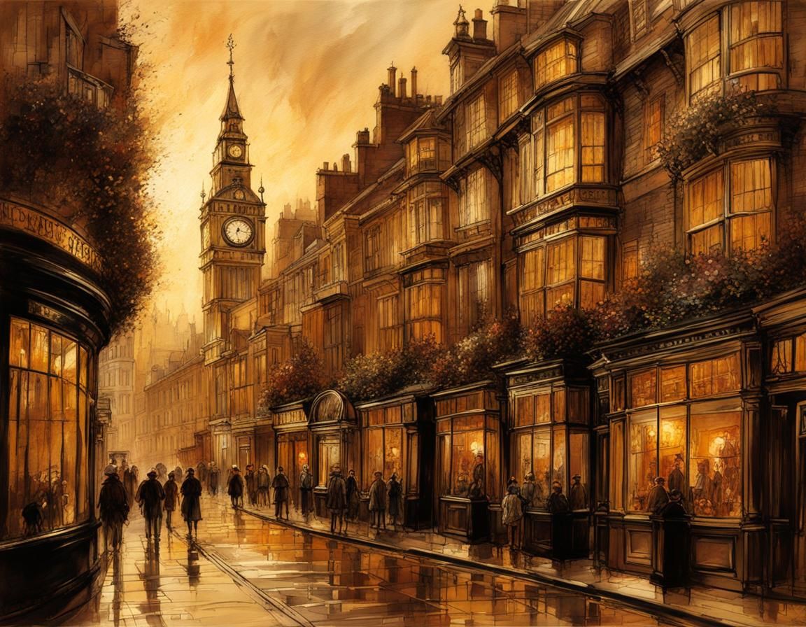 London Streets at Golden Hour in Art Nouveau Style