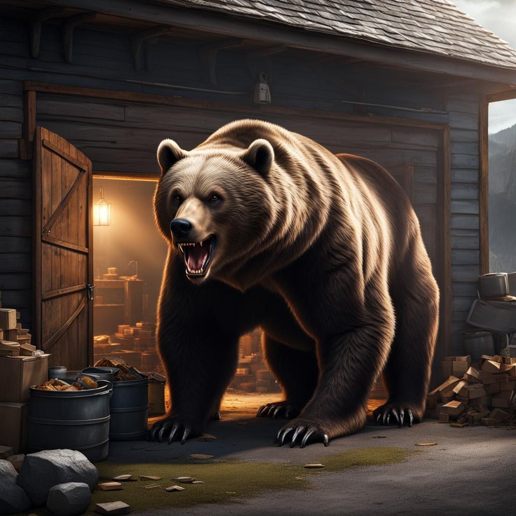 Giant Bear Monster Eats Garage: 3D Render