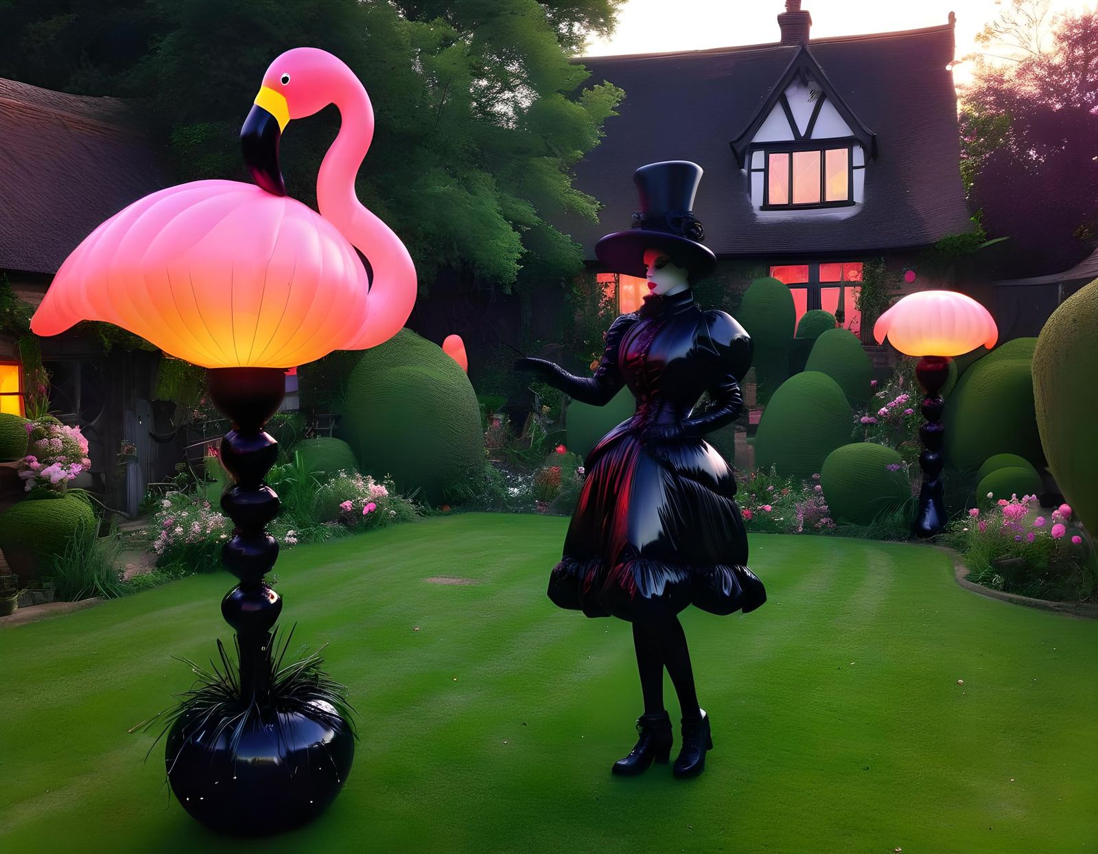 Steampunk Goth Flamingo Topiary at Sunset