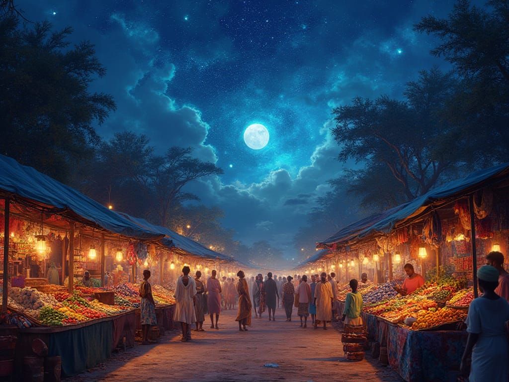 Cosmic Twilight African Marketplace with Exotic Goods