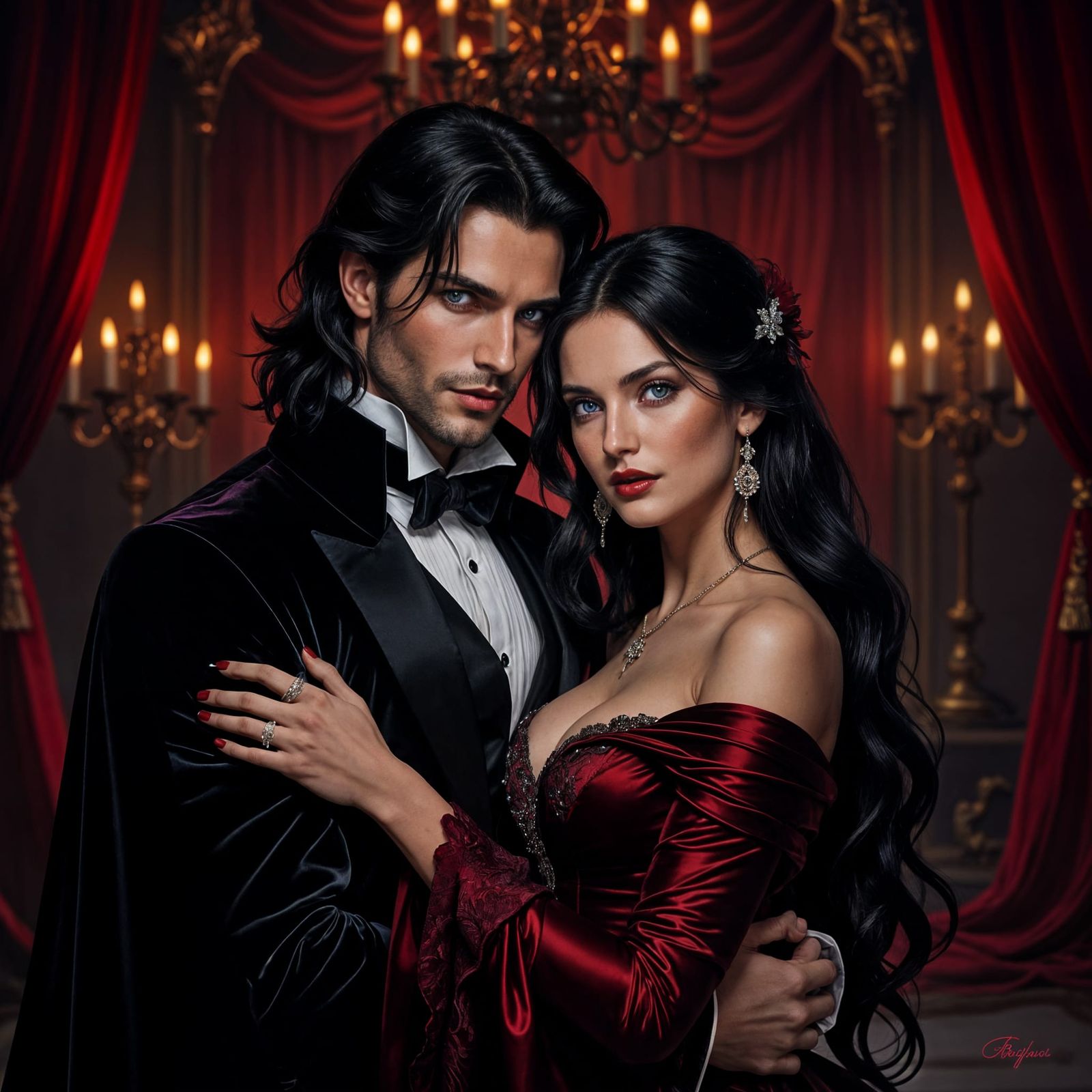 Vampire Couple in Deep Red Attire