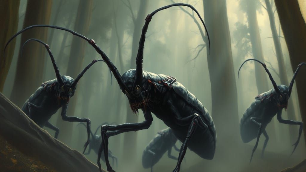 Dark, Oil-Painted Abyssal Skulkers in a Haunted Forest