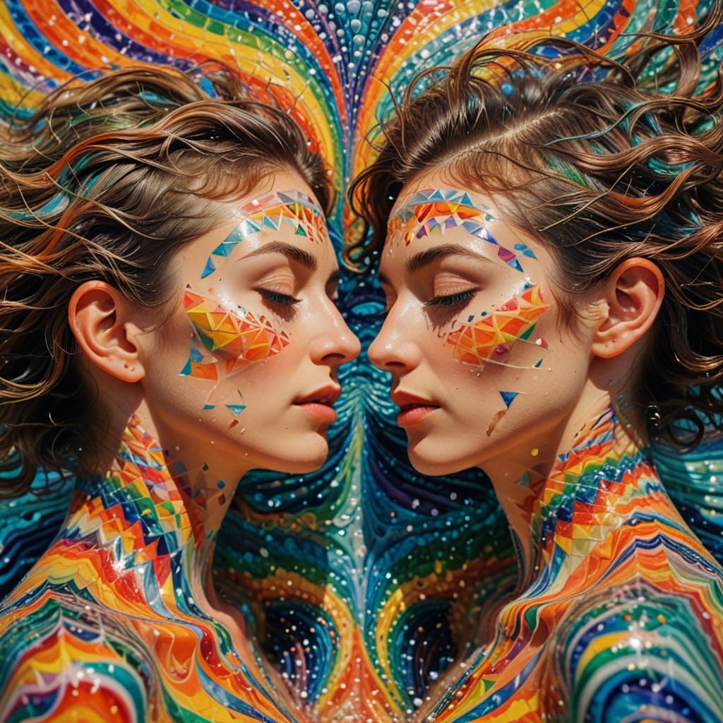 Psychedelic Lovers Dissolving into Waves in Surreal Style