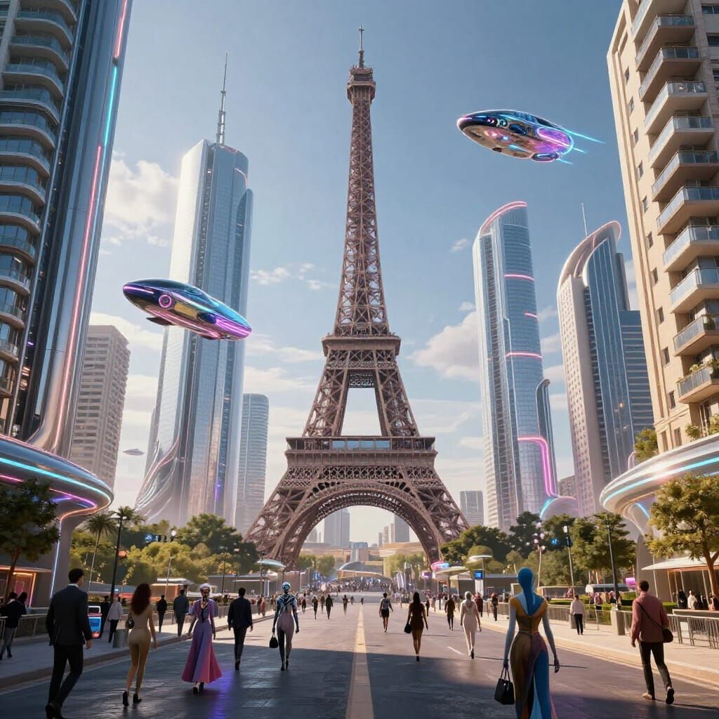 Futuristic Paris 3000: High-Tech Cityscape with Flying Cars