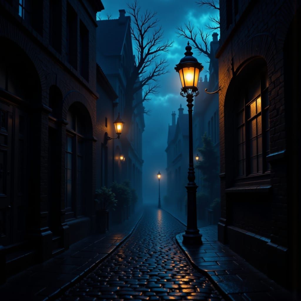 Grumpy Streetlamp on Foggy Cobblestone Street at Night