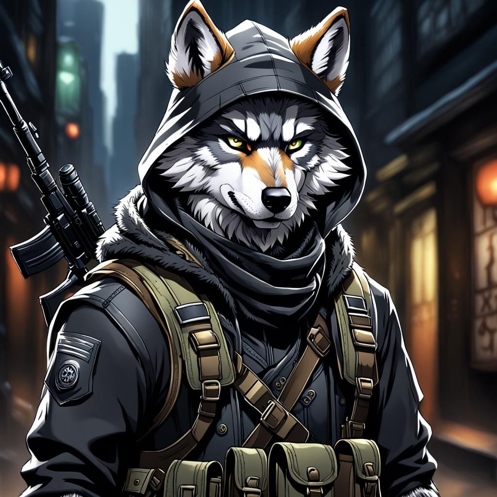 Anime Grey Wolf Soldier with Cybernetic Arms