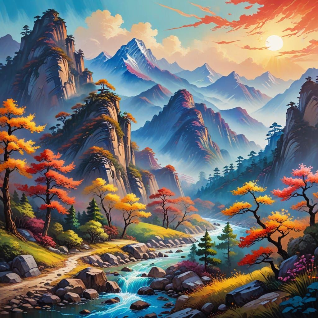 Vibrant Chinese Silk Landscape Painting with Happy Mood