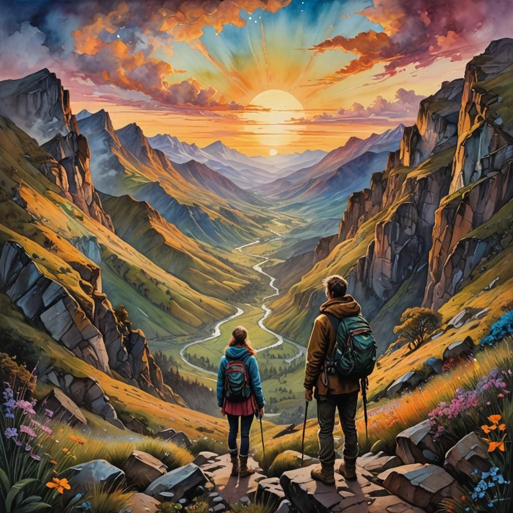 Hiker Watches Sunset: Watercolour Masterpiece