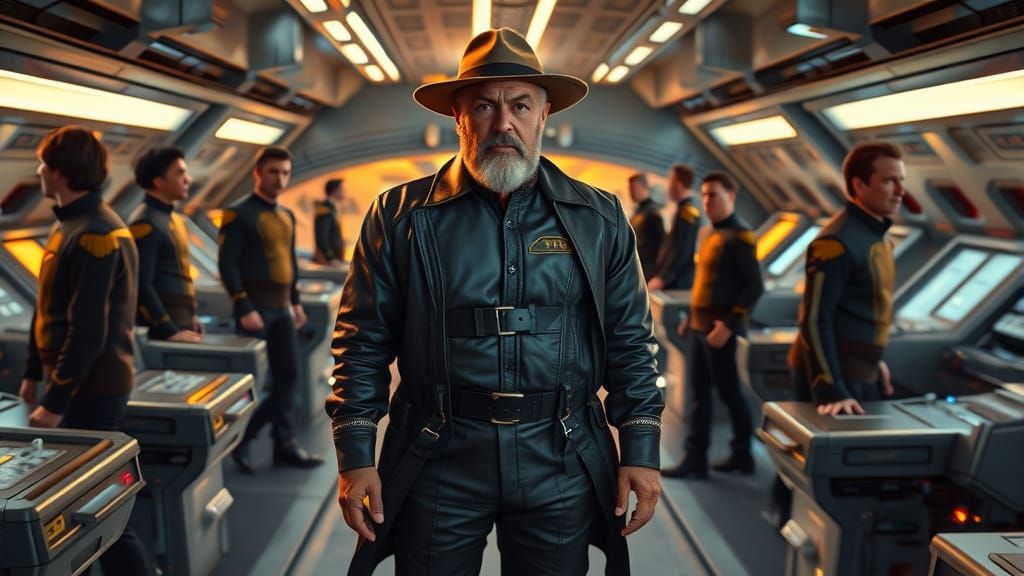 Captain's mustek on a starship in the style of Star Trek, the crew performs their tasks at the control consoles, a man w...