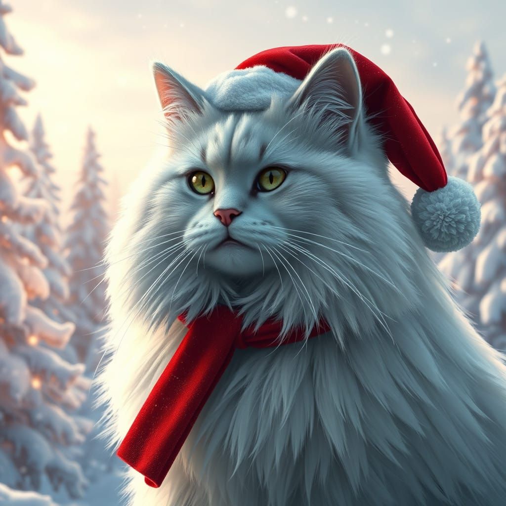 Whimsical Winter Kitty in Vibrant Santa Attire