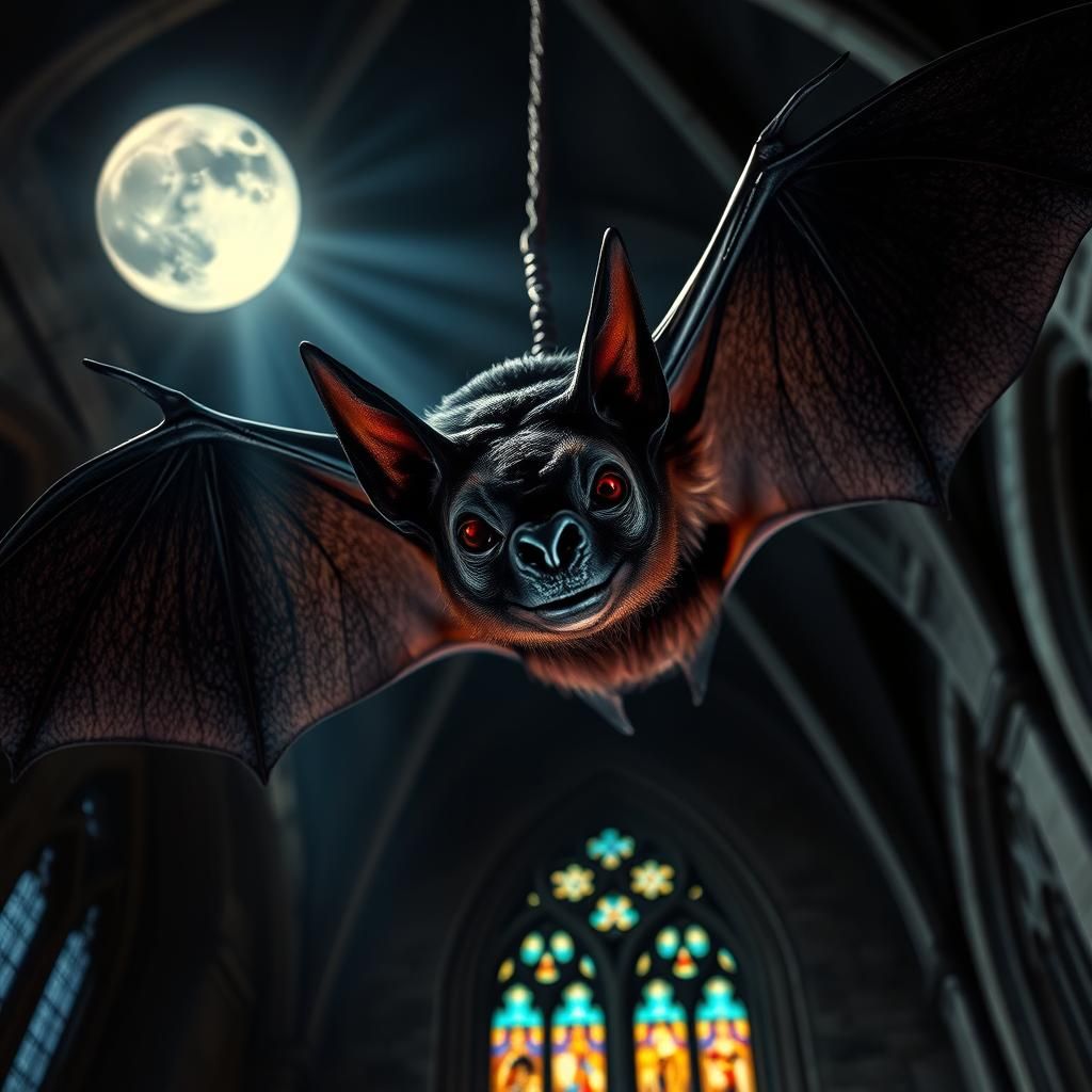 Dramatic Vampire Bat in Gothic Cathedral: Chiaroscuro Close-...
