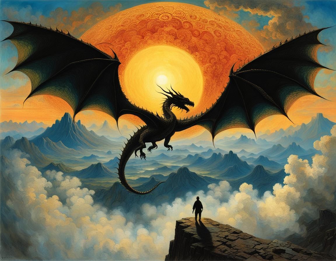 Dragon Silhouette Soaring in Surreal Landscape