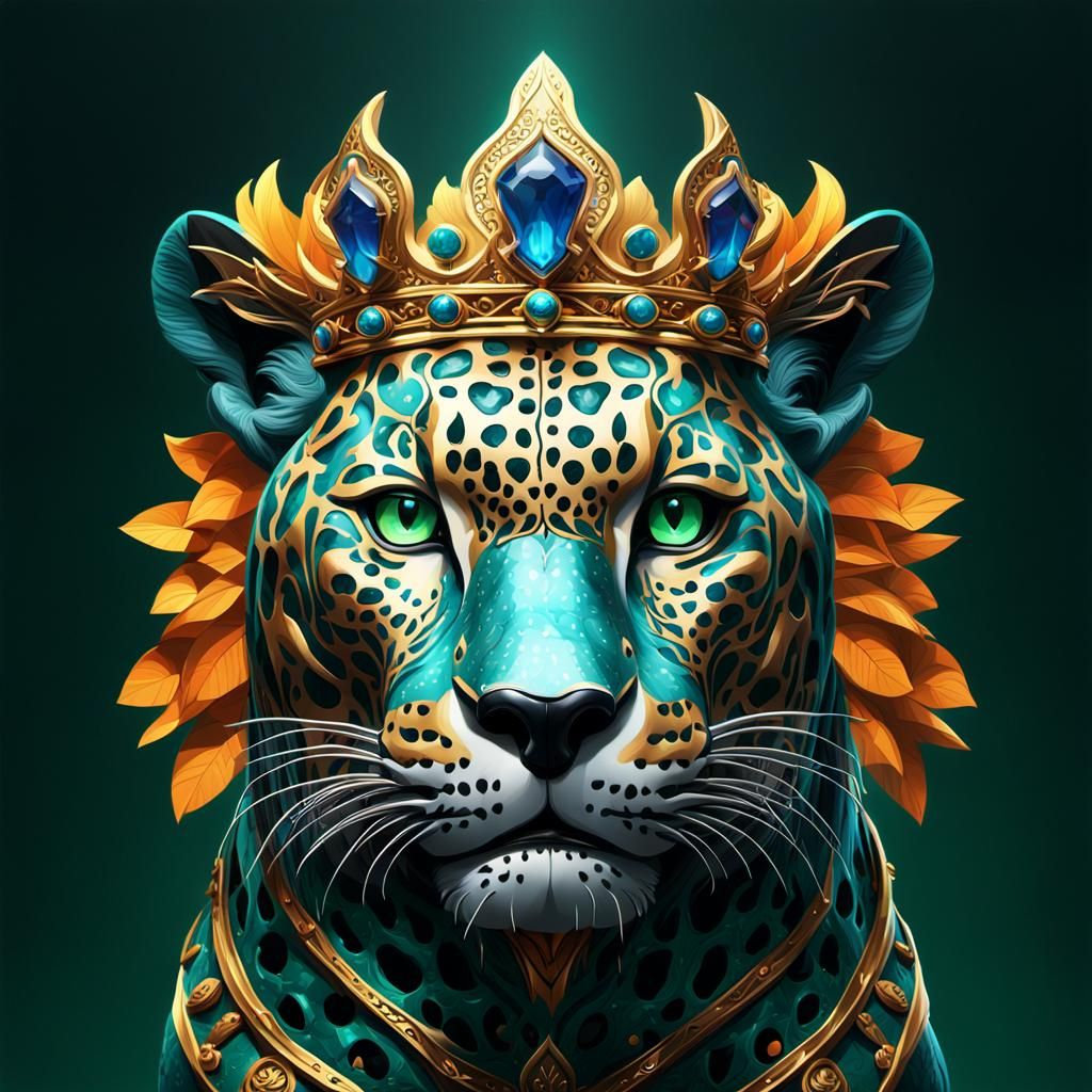 Armored Jaguar Head with Crown in Concept Art Style