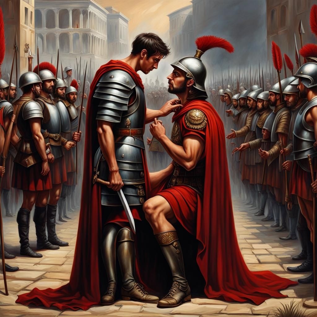 Roman Soldier Begs Demon: Photorealistic Painting