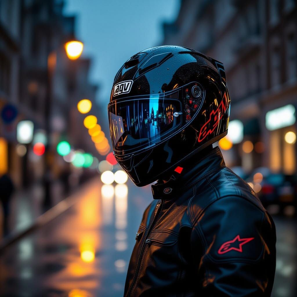 Biker in Rain: Photorealistic Noir Scene