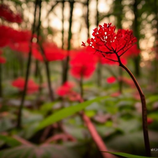 Glowing Red Adansonias in Overgrown Swamp at Sunset