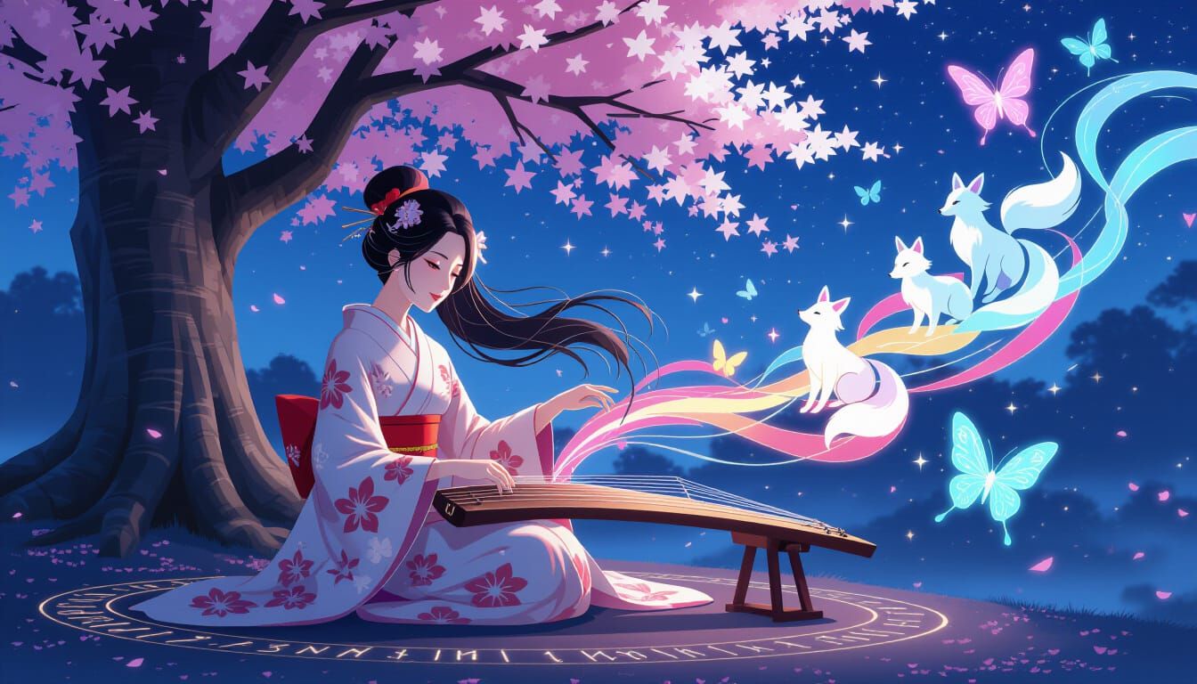 Japanese Woman Plays Koto Under Cherry Blossoms