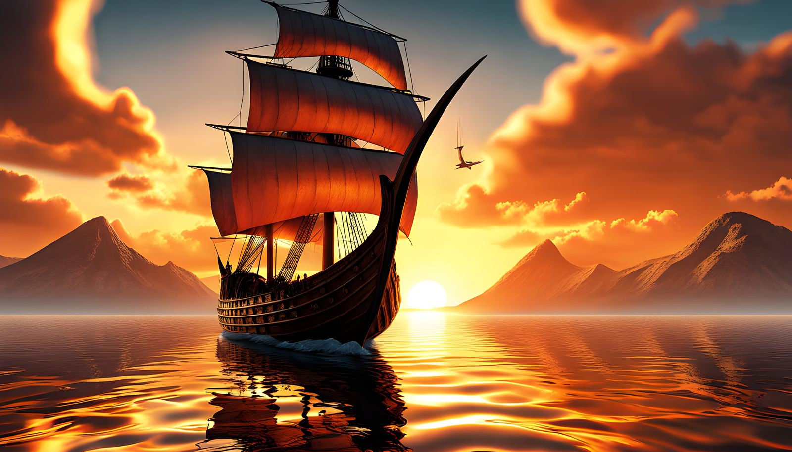 Viking Longship on Golden Ocean at Sunset