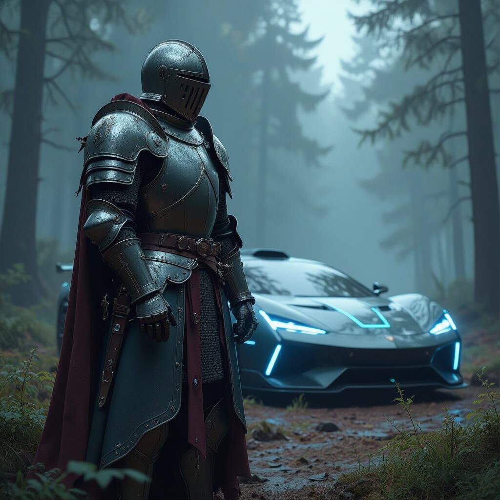 Knight Meets Future Car in Fantasy Art Style