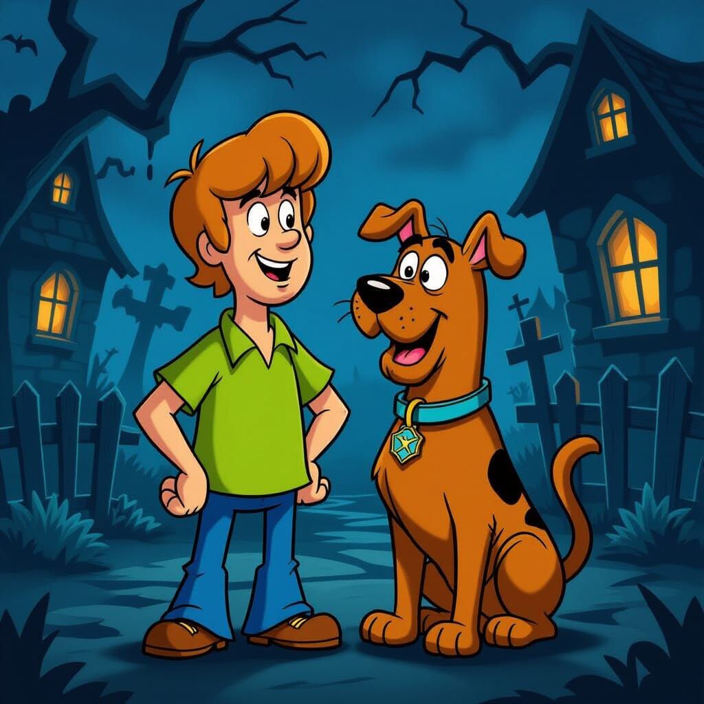 Shaggy and Scooby-Doo in Haunted Setting, Cartoon Style