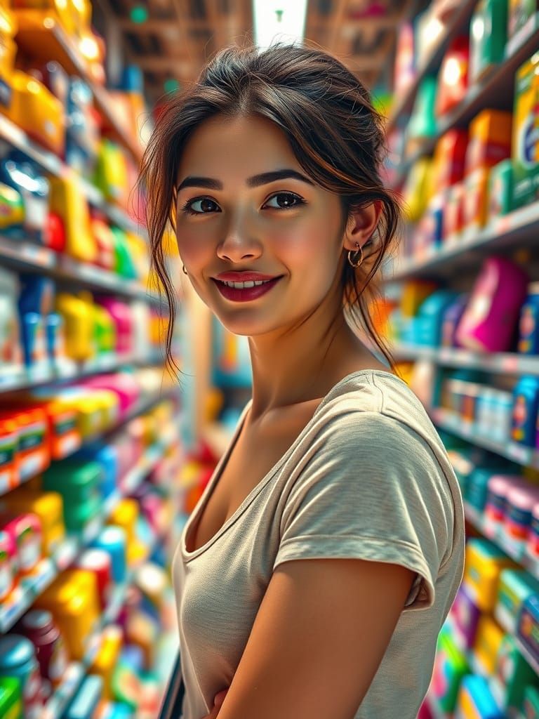 Vibrant Department Store Saleswoman in Hyperrealistic Concep...