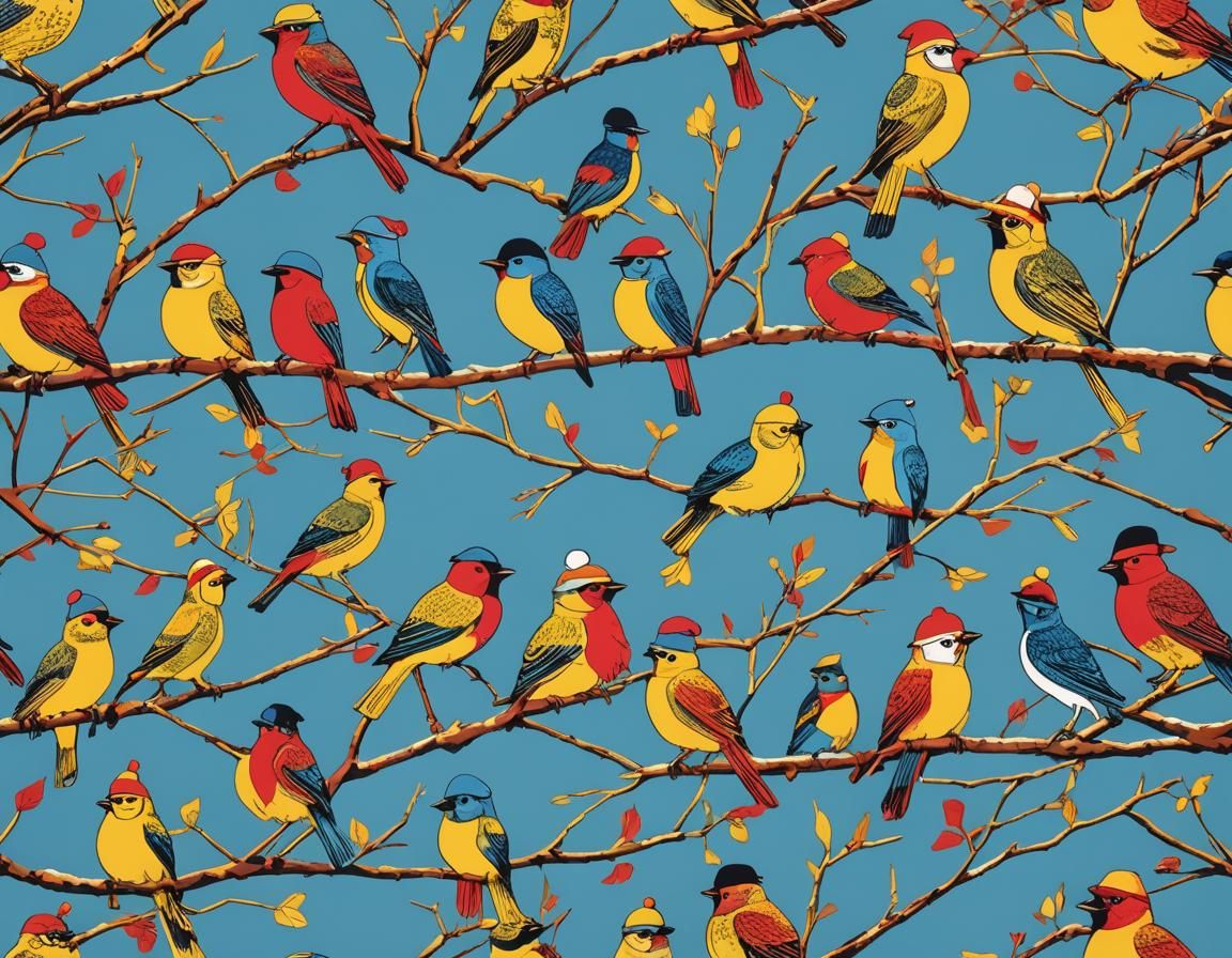 Birds in Winter Hats: Pop Art Digital Illustration