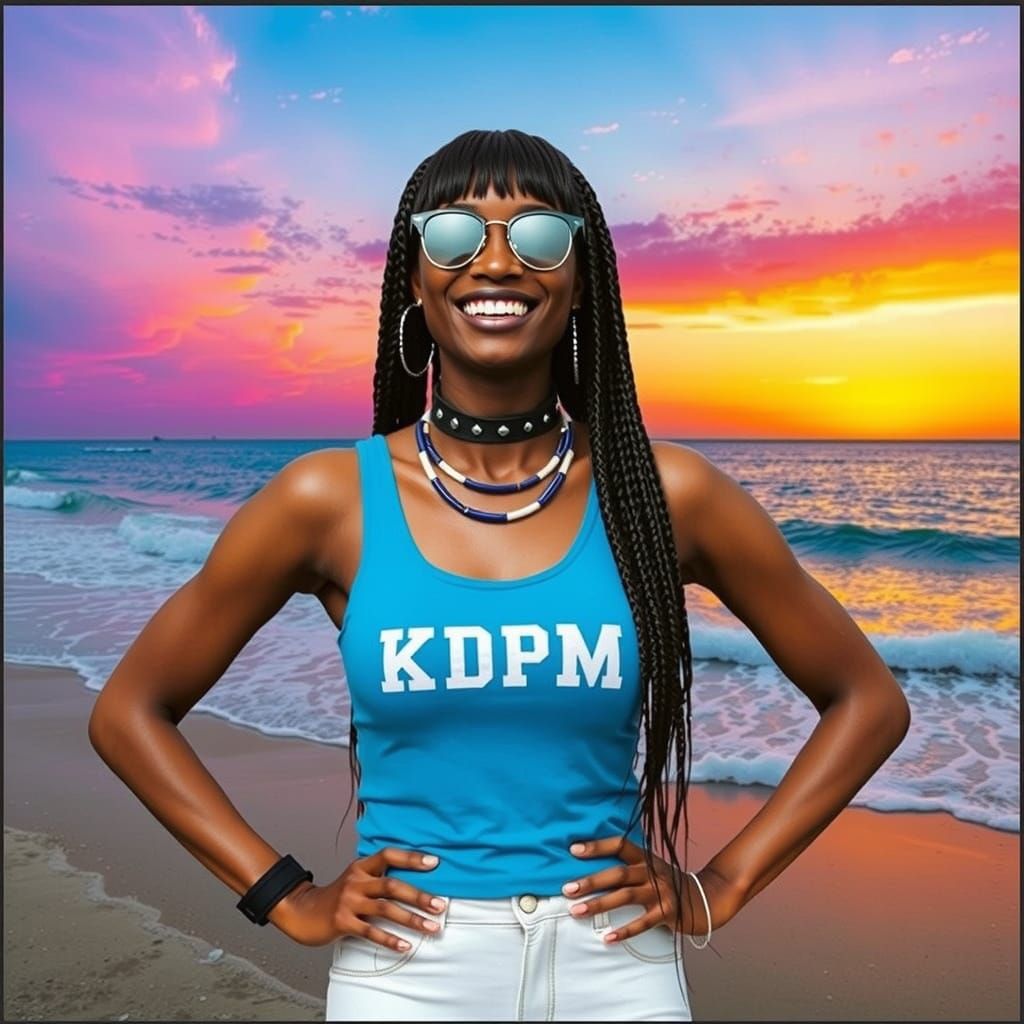 Beautiful Nubian Woman Poses on Beach at Sunset