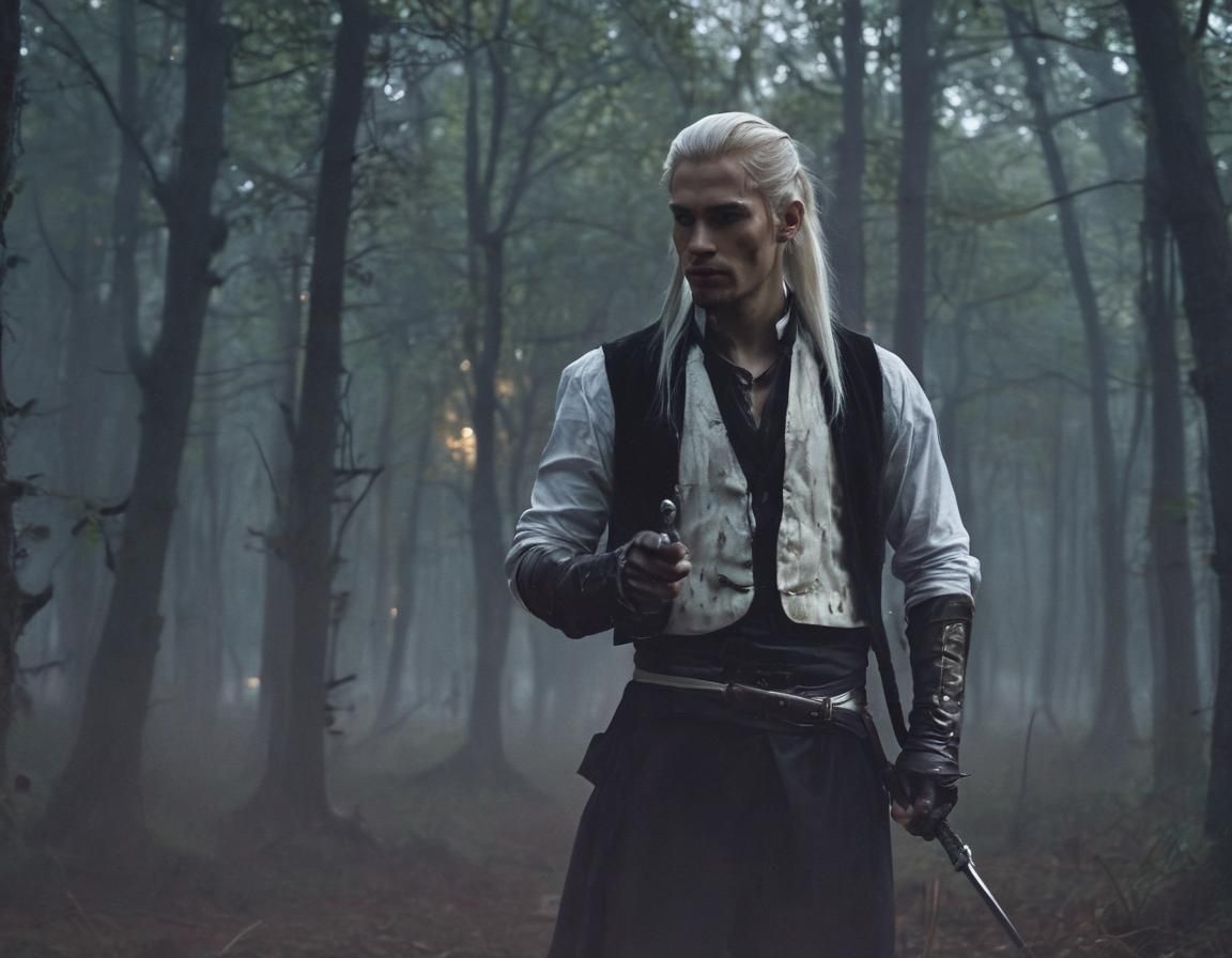 Elegant Swordsman in Moonlight Forest: Cinematic Film Still