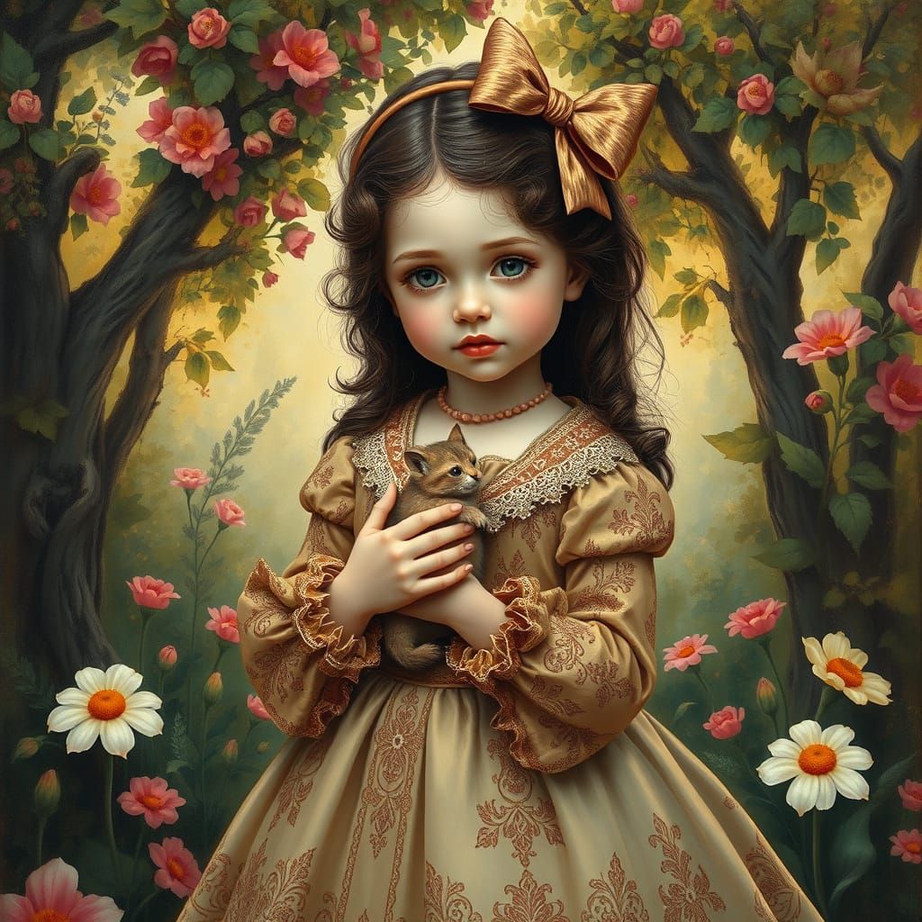 Young Girl in Victorian Dress with Flowers and Animal in a D...