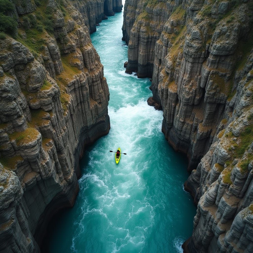 Rugged Canyon with Turquoise River and Kayaker Photographed ...